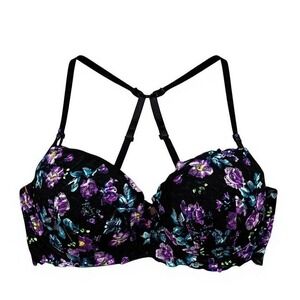 Candie's Intimates Black Floral Push Up Bra 34C Lace Strappy Back NWT
